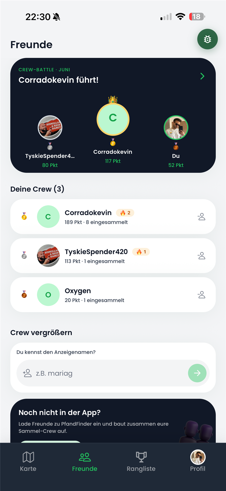 Crew-Battle: Podium des Freundeskreises mit Punktestand im Juni