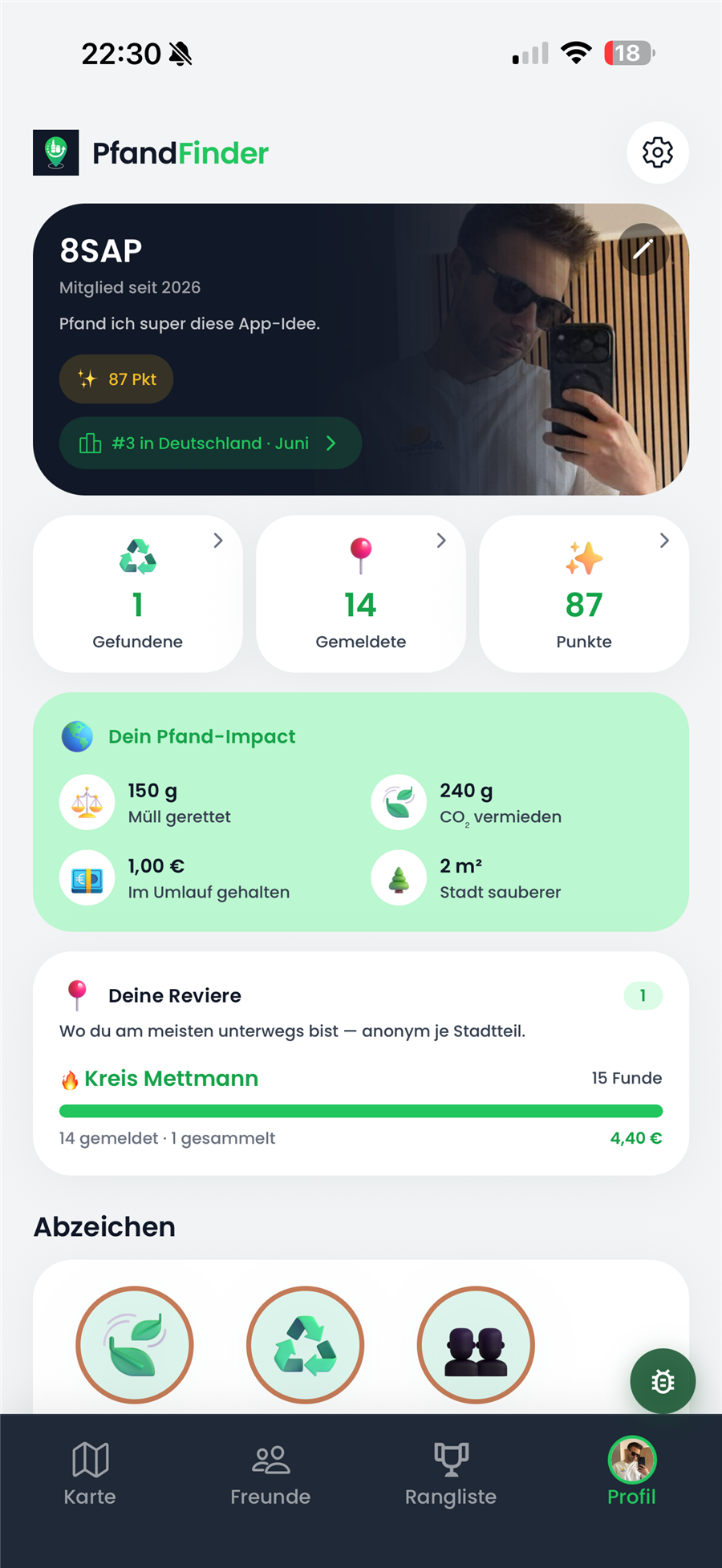 Profil mit Pfand-Impact: 150 g Müll gerettet, 240 g CO₂ vermieden, Platz 3 in Deutschland