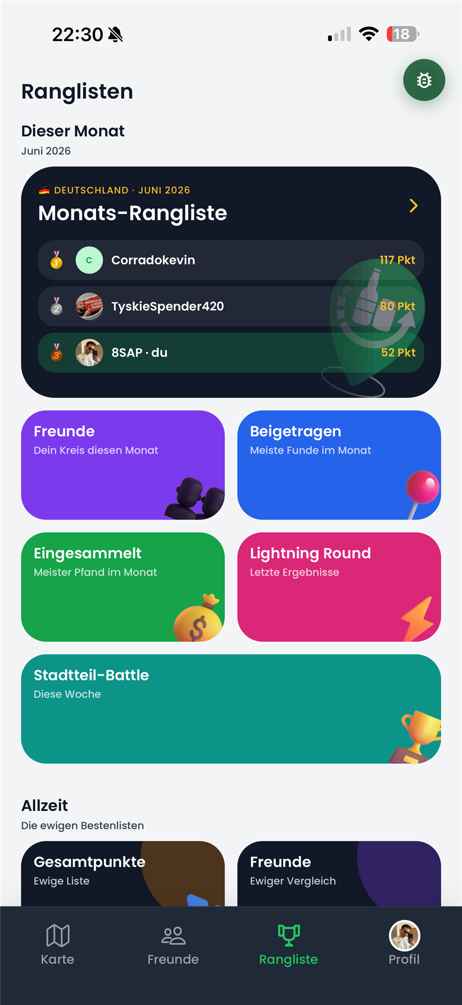 Ranglisten-Übersicht: Monats-Rangliste Deutschland, Lightning Round, Stadtteil-Battle